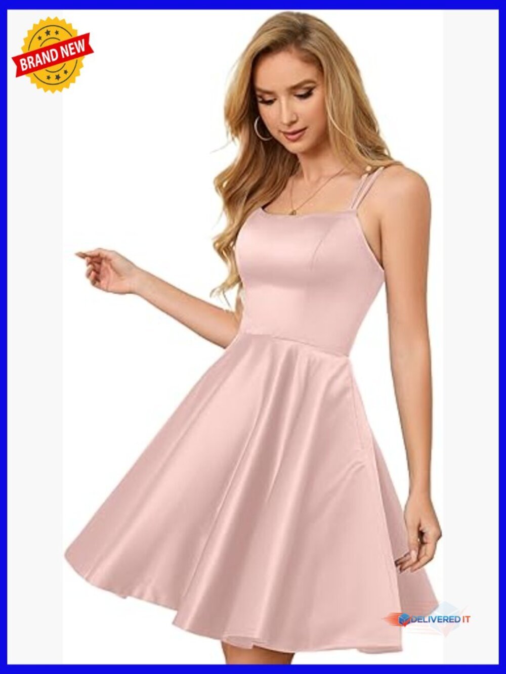 Knee Length Satin Backless Prom Dress with Pockets Spaghetti Strap
